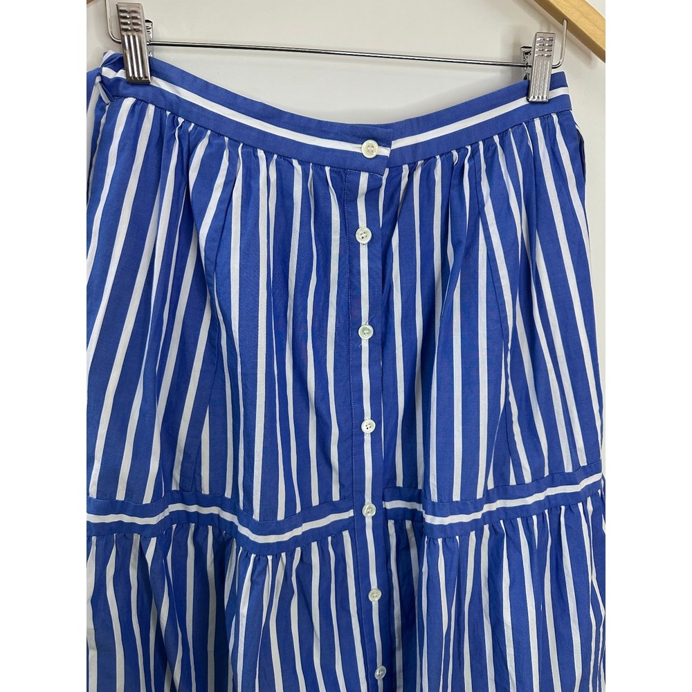 J. Crew Striped Midi Skirt Blue White Button Size 8 Preppy Coastal Brunch Summer - Picture 5 of 14